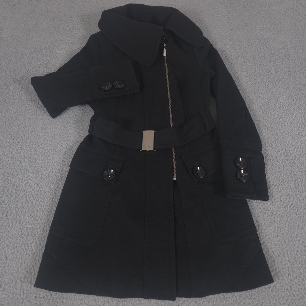 Zara Coat Womens M Black Trench Zip Up Belted Lined Asymmetrical Stand Collar